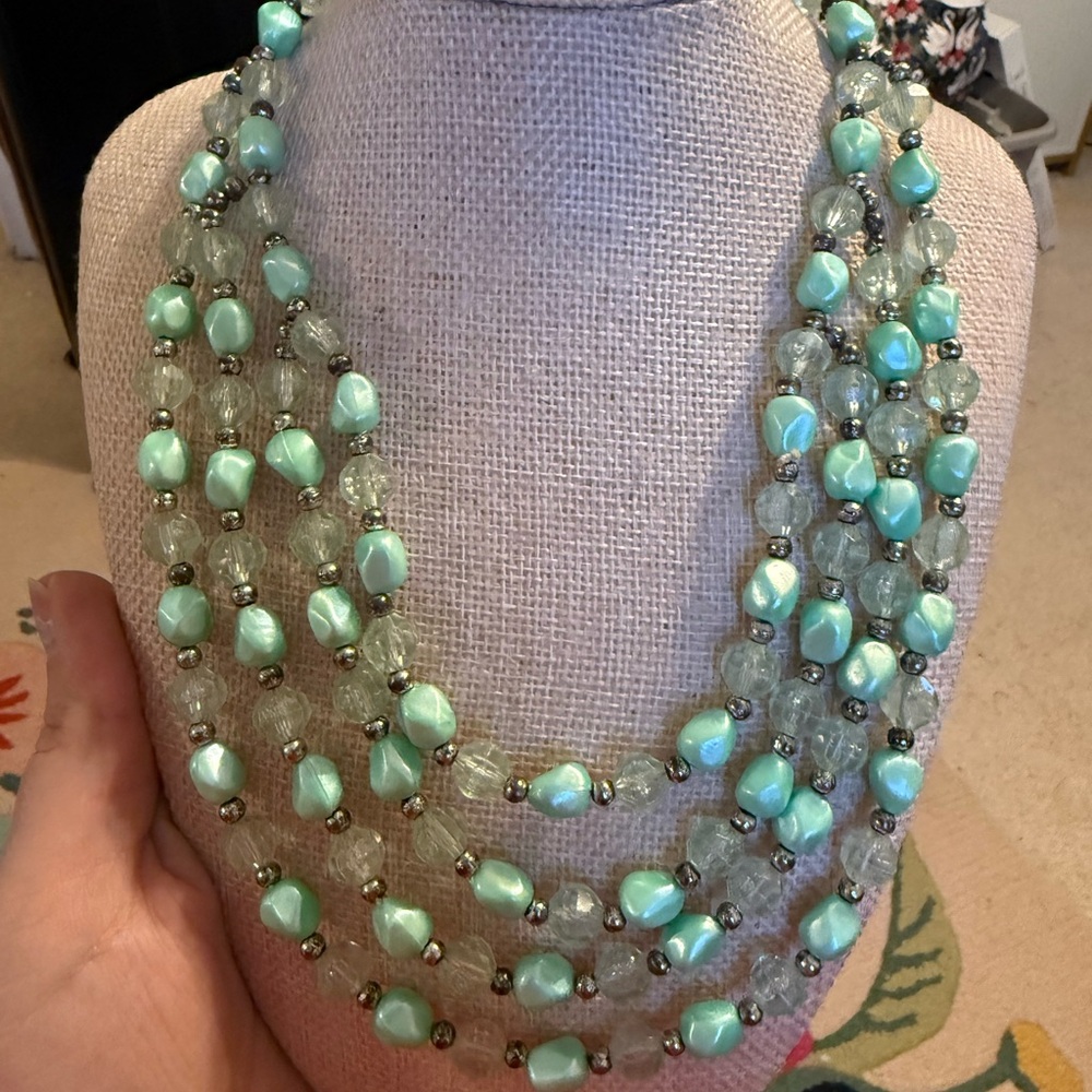 Vintage Seafoam Green 4 Strand Beaded‎ Necklace Mint Green Multi Tier Hook Clasp